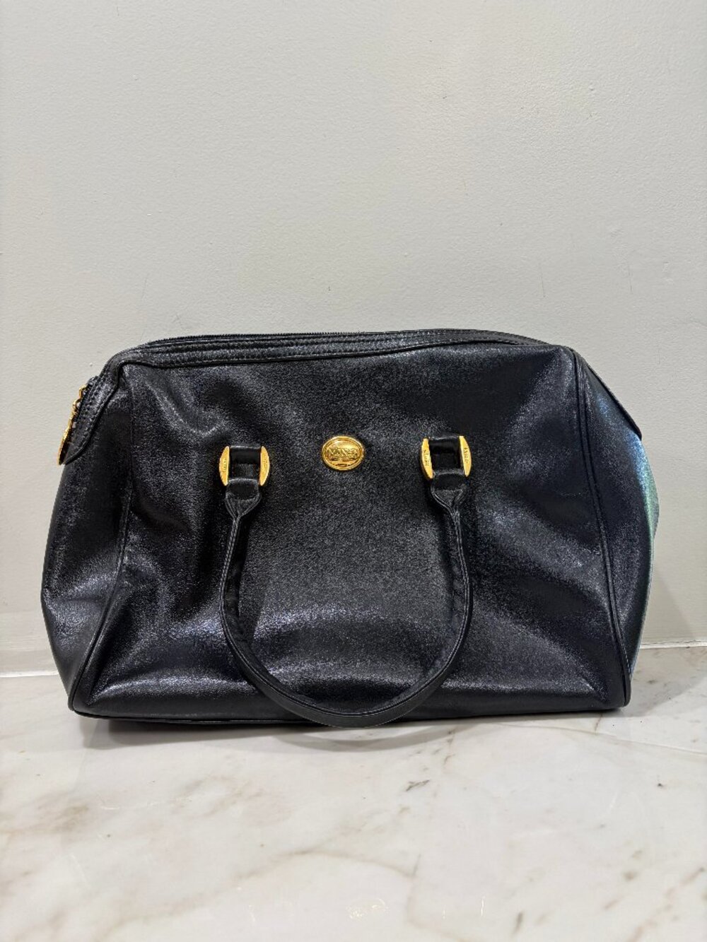 Black Faux Leather Handbag with Gold-tone Hardware by Monet